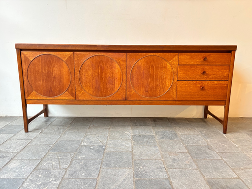 Enfilade bois foncé cercles sur panneaux 183x45xH78cm