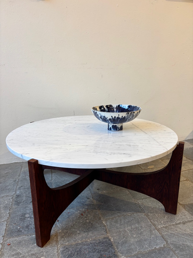 Table basse marbre ronde structure palissandre de Hugues Poignant 83,5xh35