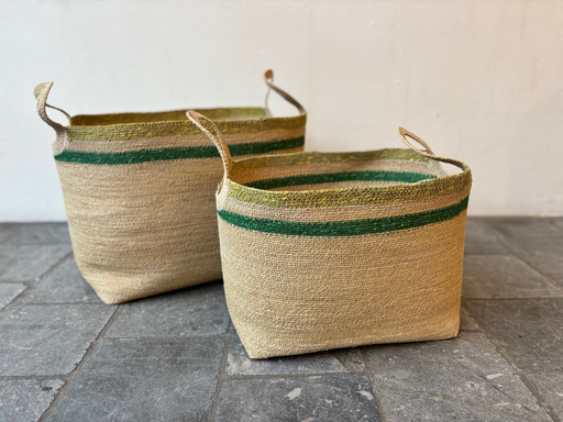 Set de 2 paniers poignées rondes jonc de mer bord vert 40x35x33 + 32x28x26