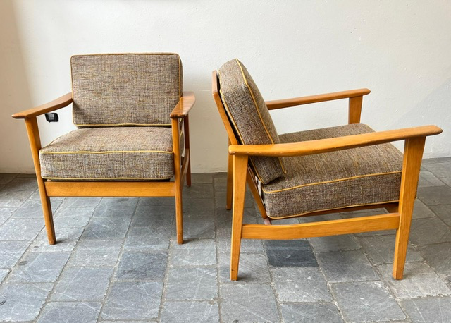 Paire de fauteuils coussins à plates bandes pp ocre 