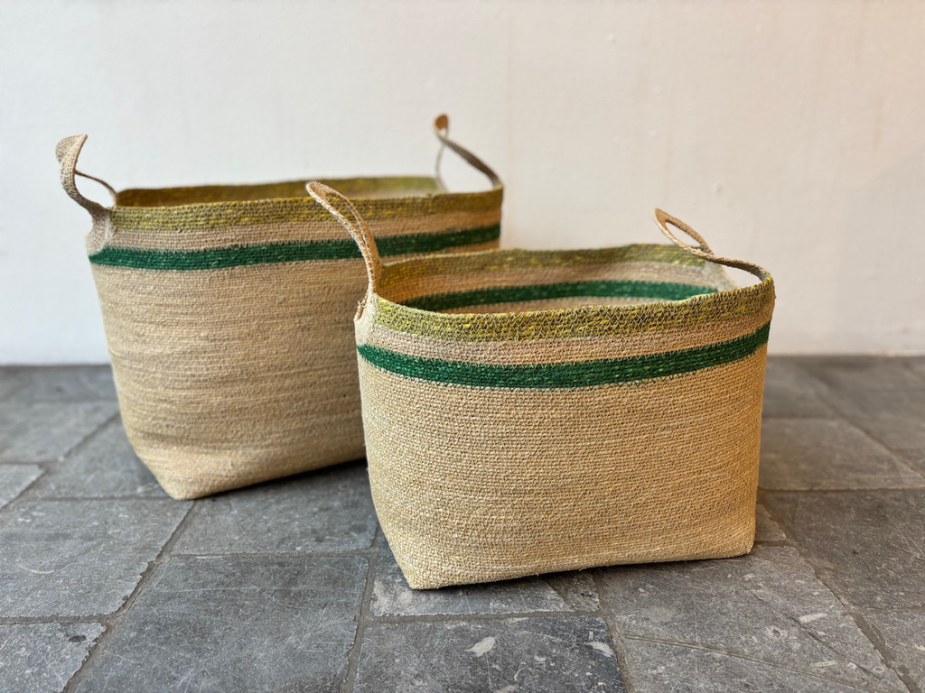 Set de 2 paniers poignées rondes jonc de mer bord vert 40x35x33 + 32x28x26