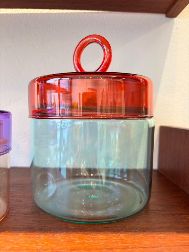 Pot en verre borosiolicate avec poignée colorée anneau 1L Bleu et rouge