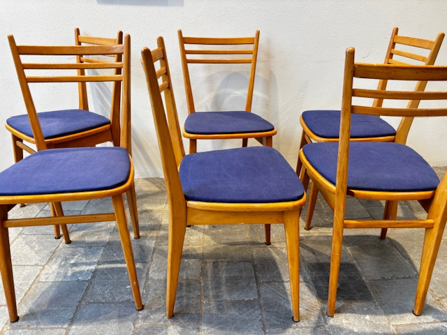 6 Chaises Bois clair assise bleu 42x39xh47cm hauteur dos 85cm