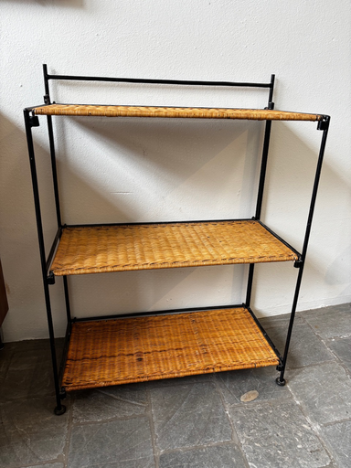 Étagère bibliothèque vintage métal et osier 